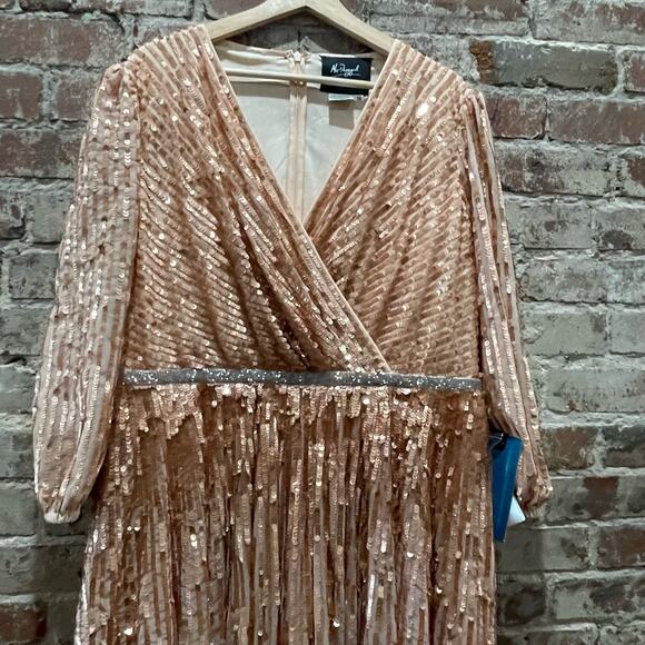 NEW Mac Duggal Sequined Wrap Over 3/4 Sleeve Gown in Apricot Size 18 - Picture 4 of 12